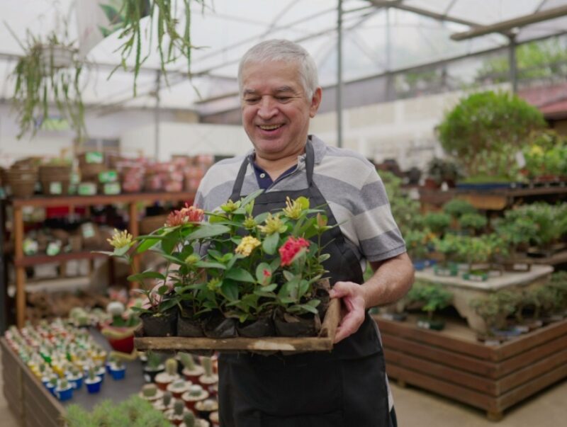 An older man with an apron working in a garden centre