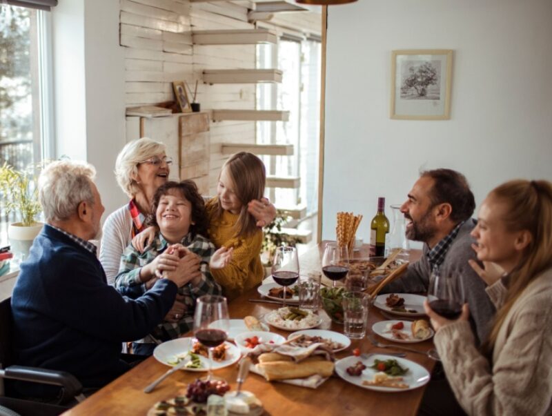 A family have dinner together