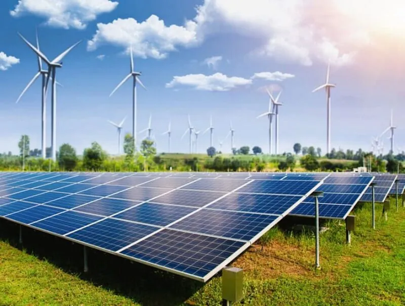 A solar farm with rows of wind turbines suported by NS&I Green Savings Bonds